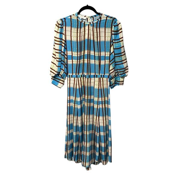 Hunter Bell Blue Cream Brown Hawthorne Plaid 100% Silk Casper Dress Womens 10 - Picture 1 of 5